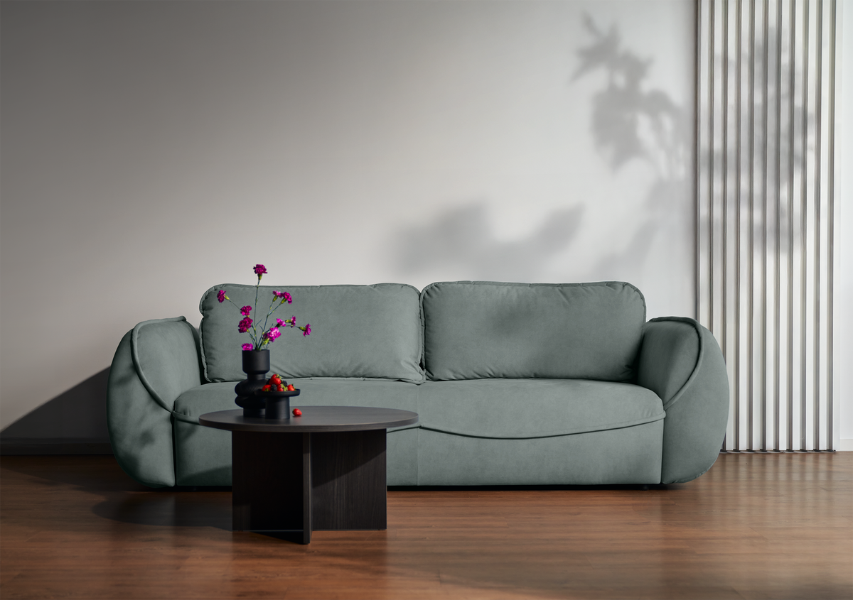 Drei-Sitzer-Schlafsofa Cutie mit Stauraum, Salbeigrüner Velours, pflegeleicht