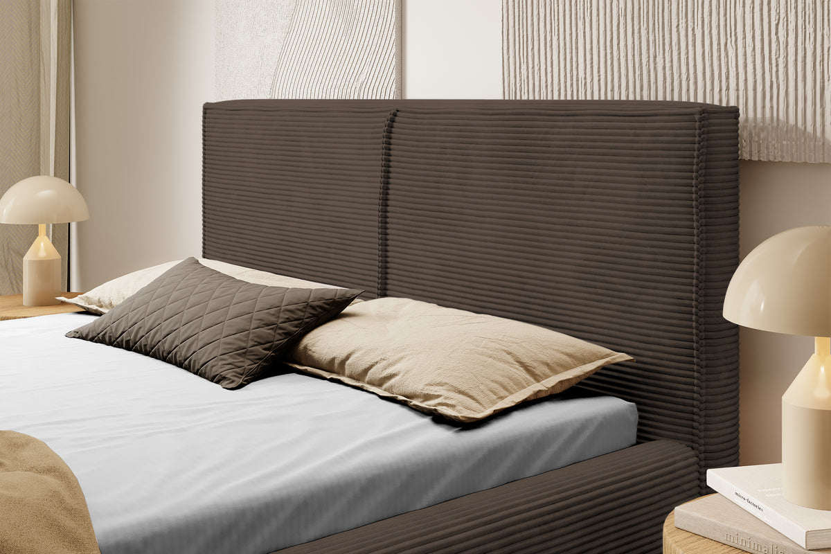 Lit tapissé 160x200 cm Farese avec rangement et vérin à gaz, velours côtelé brun foncé