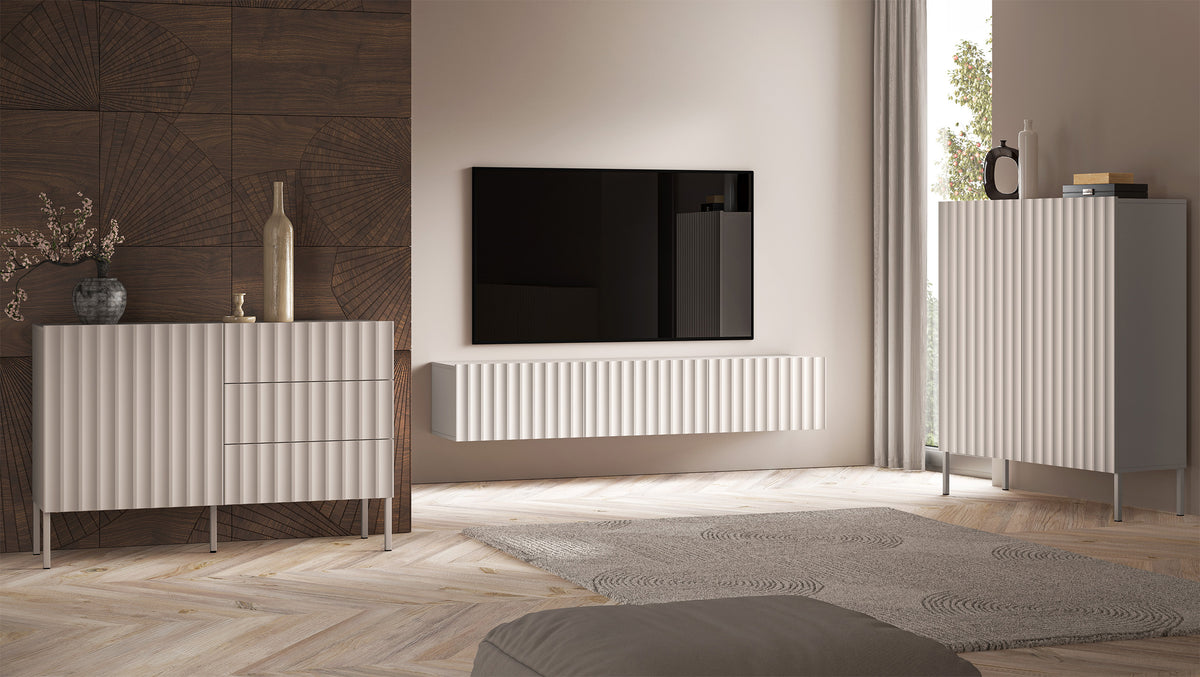 Commode haute à deux portes Derriva avec façades rainurées 100 cm cachemire