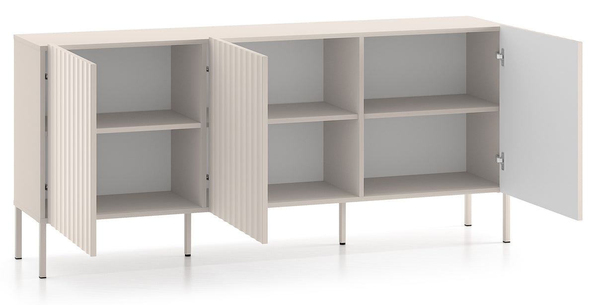 Commode trois portes Derriva avec façades rainurées 170 cm cachemire