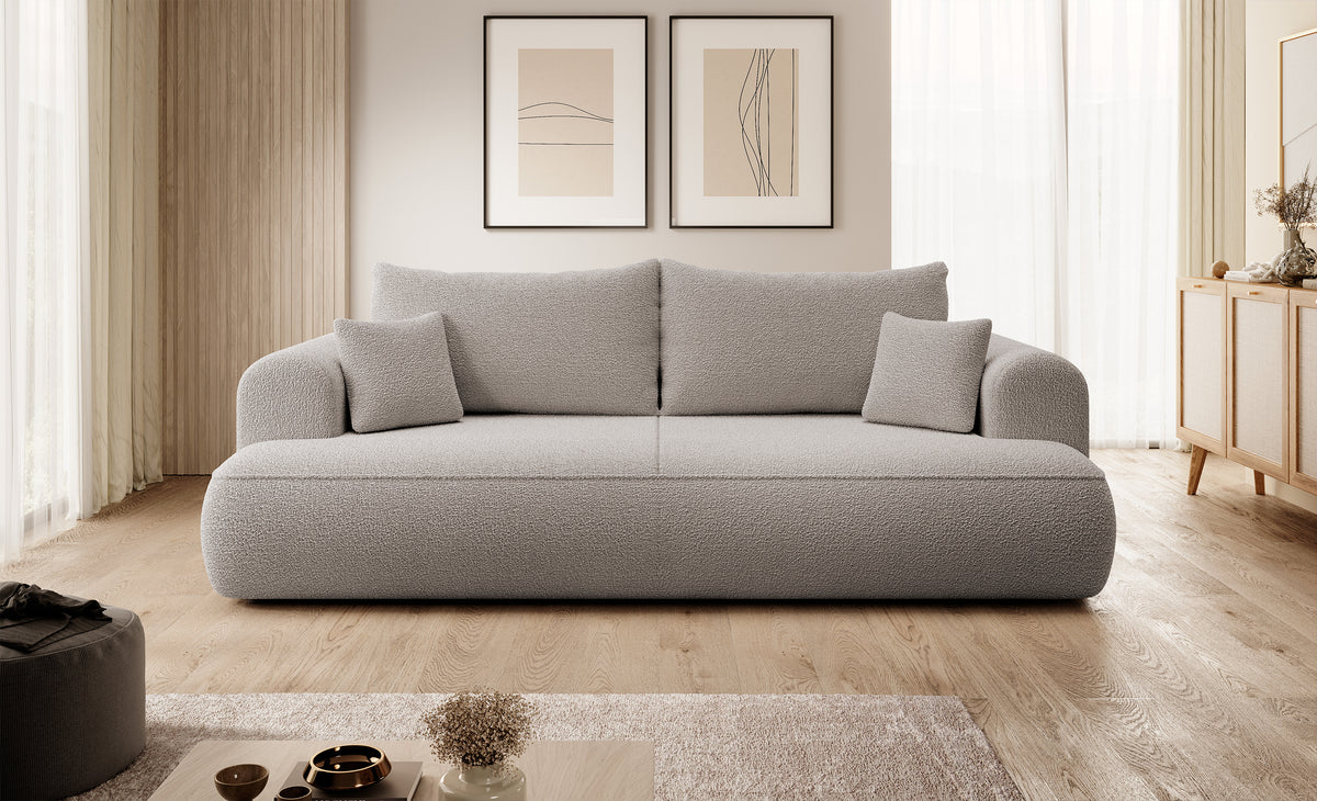 Canapé convertible 3 places Ovo avec coffre, boucle beige foncé