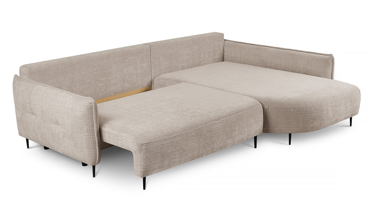 Canapé d'angle Oblivio avec fonction couchage, forme en L, rangement, tissu chenille beige clair, côté droit