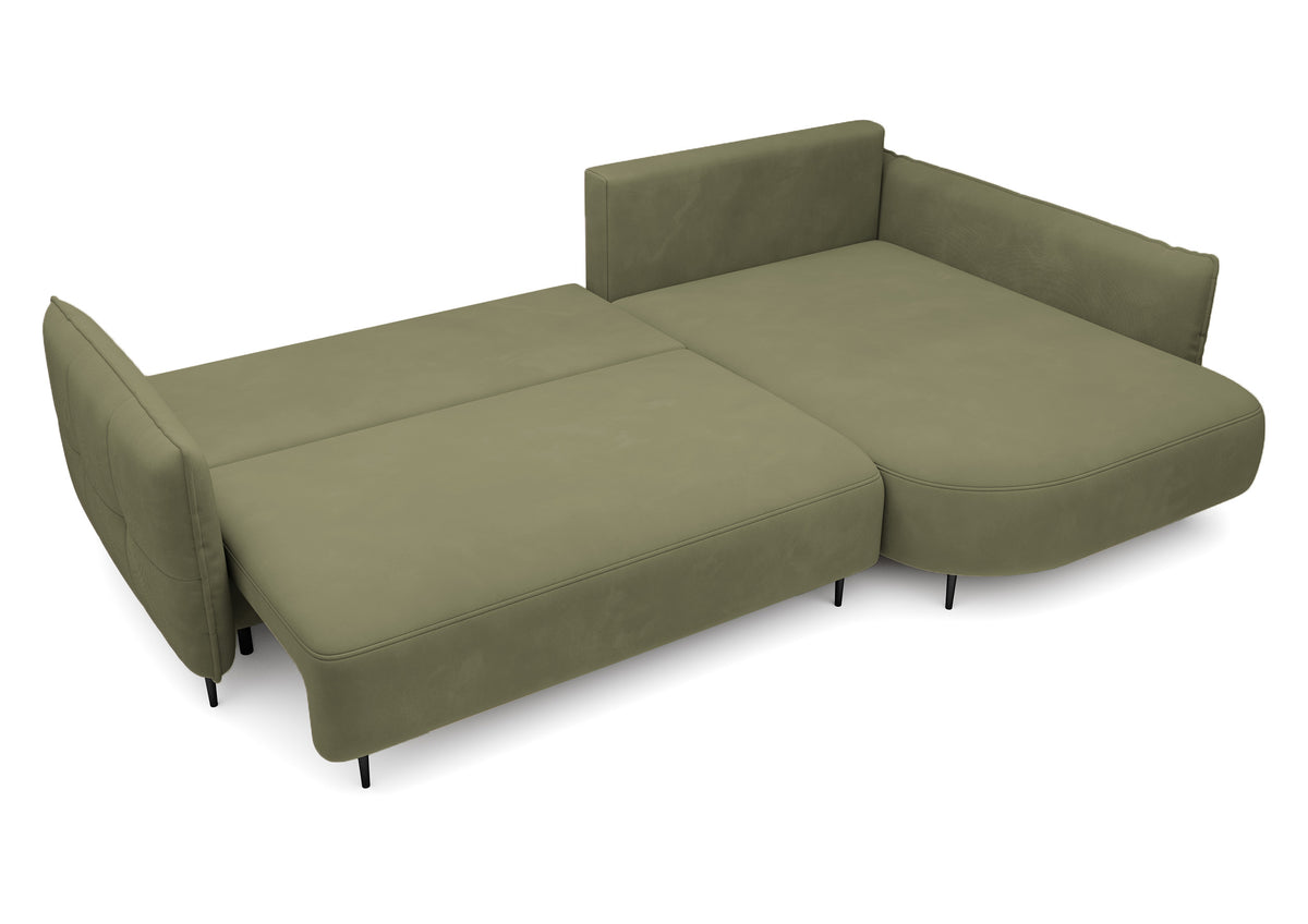 Canapé d'angle Oblivio avec fonction couchage, en L, avec coffre de rangement, velours olive hydrofuge, côté droit