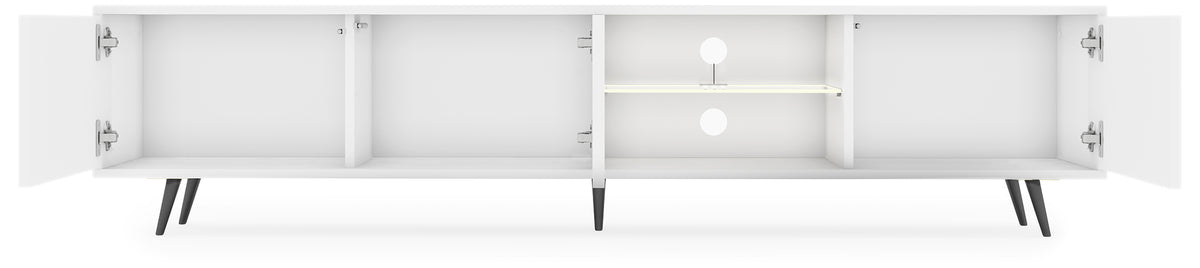 Meuble TV Bello avec façades à lamelles 175 cm blanc avec LED et pieds noirs