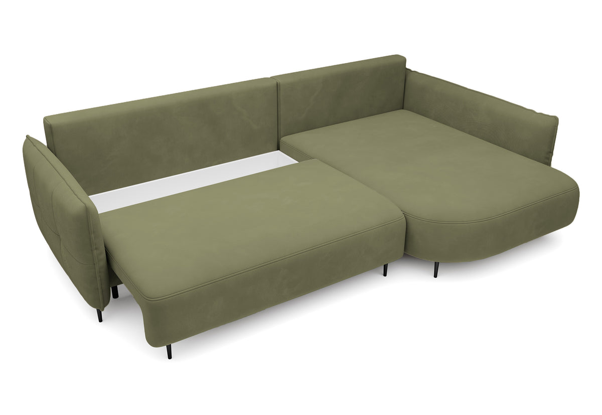 Canapé d'angle Oblivio avec fonction couchage, en L, avec coffre de rangement, velours olive hydrofuge, côté droit