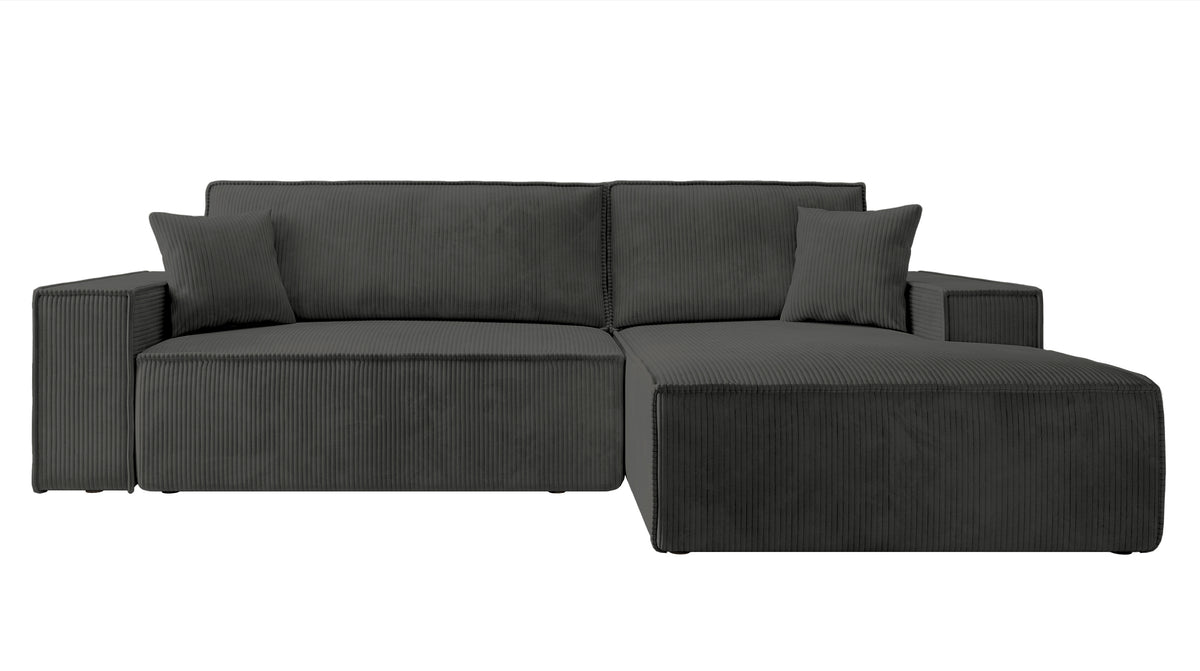 Canapé d'angle avec fonction couchage Farese New en velours côtelé gris foncé avec coffre, version droite