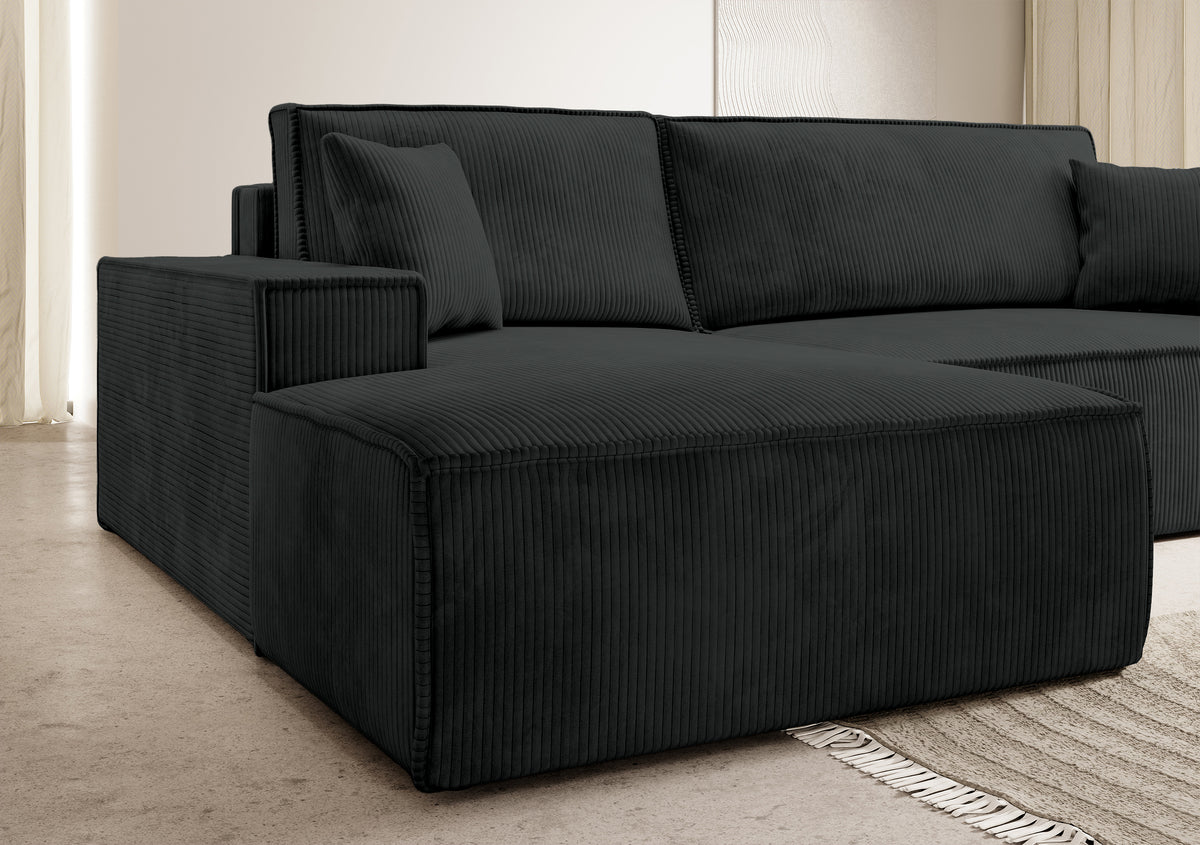 Ecksofa mit Schlaffunktion Farese New, L-förmig, mit Stauraum, schwarzer Cord, linksseitig