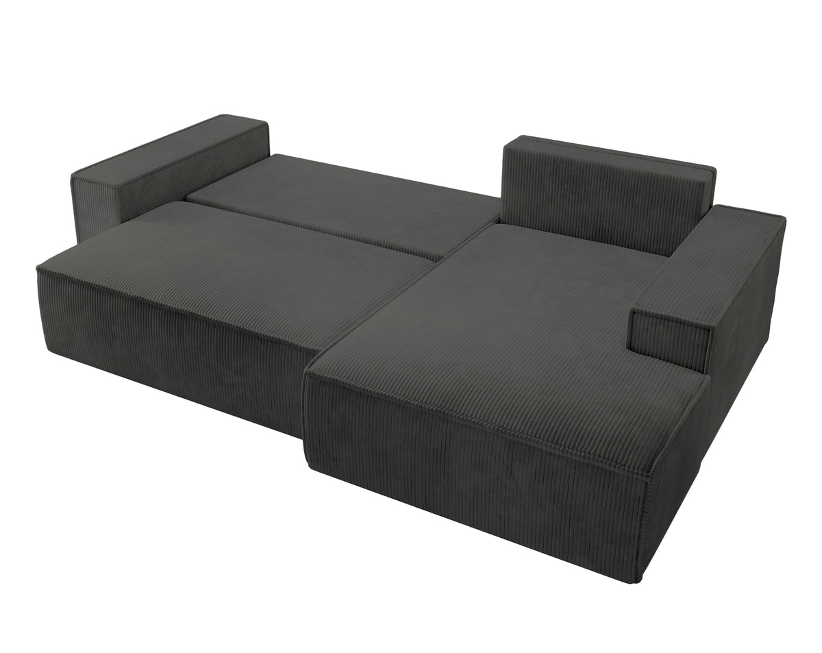 Ecksofa mit Schlafunktion Farese New L-förmig mit Stauraum, dunkelgrauer Cord, rechtsseitig