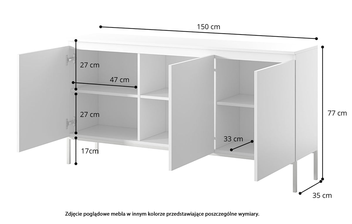 Commode trois portes Bemmi 150 cm noire avec pieds dorés