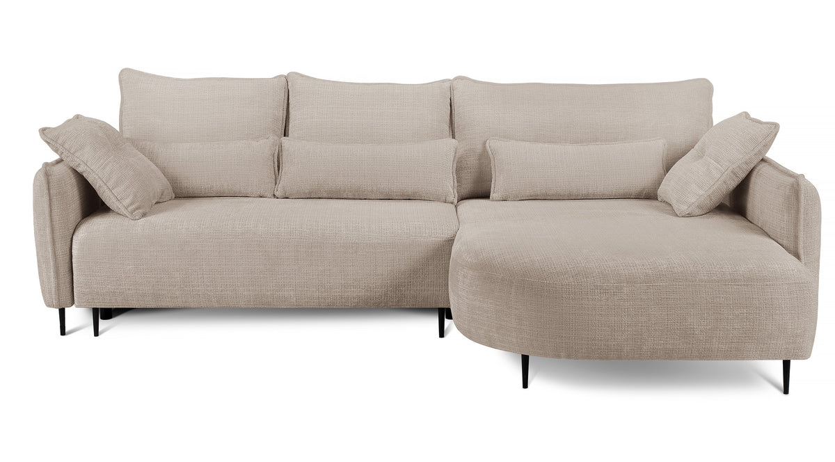 Canapé d'angle Oblivio avec fonction couchage, forme en L, rangement, tissu chenille beige clair, côté droit