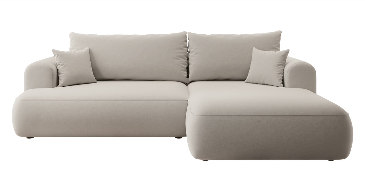 Canapé d'angle avec fonction couchage Ovo en velours beige clair, forme en L, avec coffre de rangement, tissu facile à nettoyer, version droite
