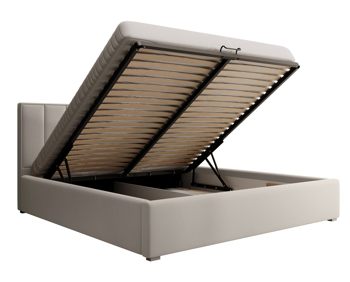 Lit tapissé 200x200 cm Rinus avec rangement crème en tissu hydrofuge