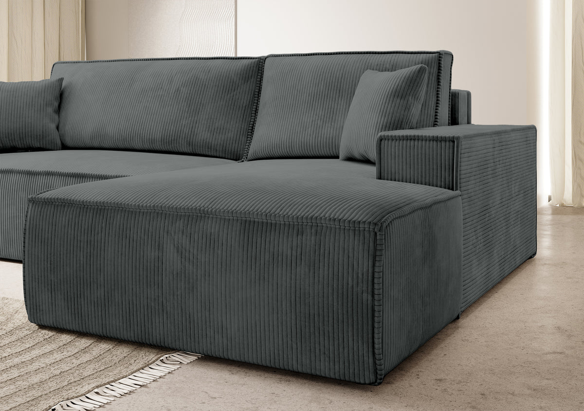 Canapé d'angle avec fonction couchage Farese New en velours côtelé gris, côté droit, avec coffre de rangement