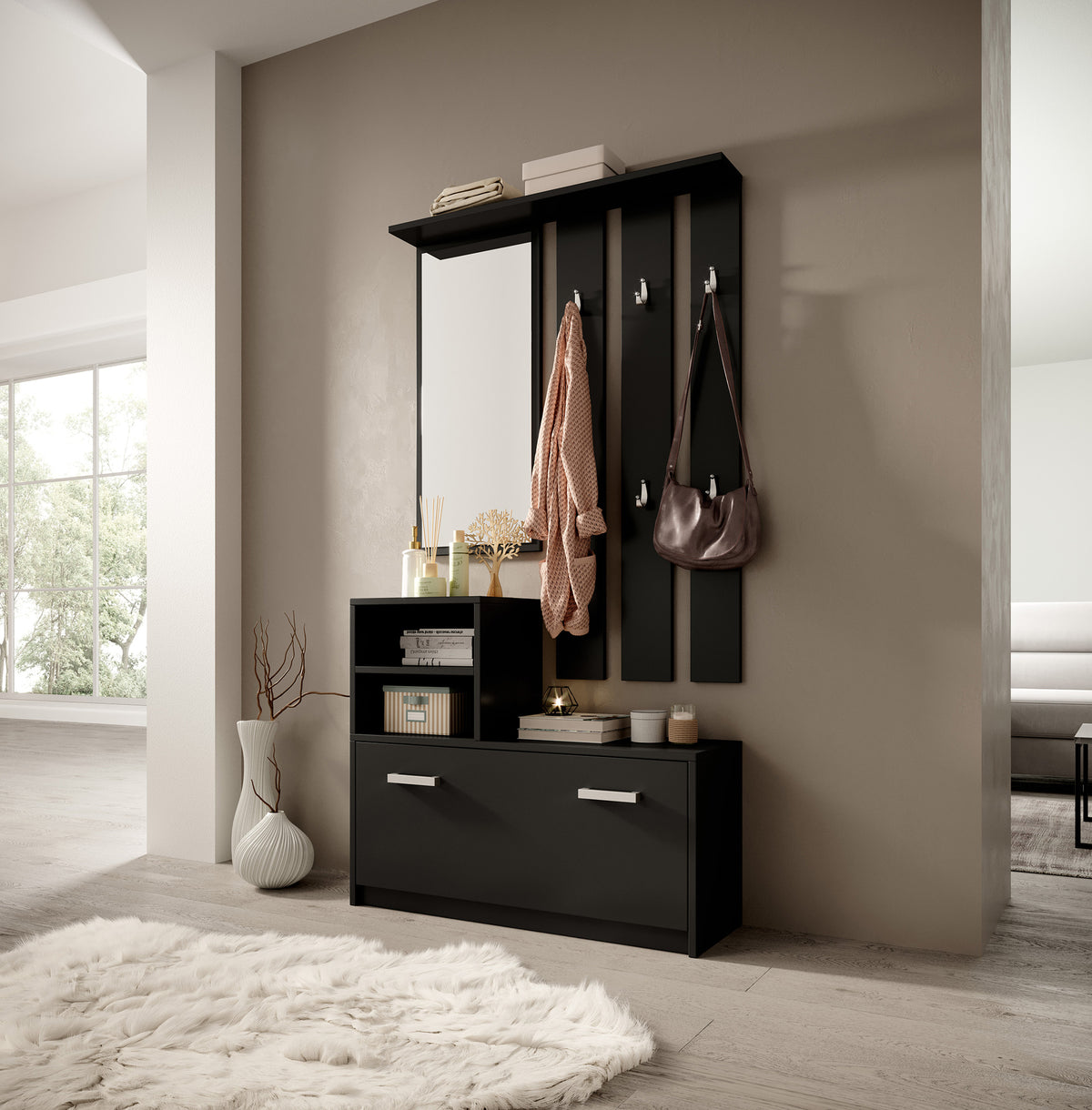 Yesfir Flur-Set mit Spiegel, Haken, Regalen und Schuhschrank Schwarz