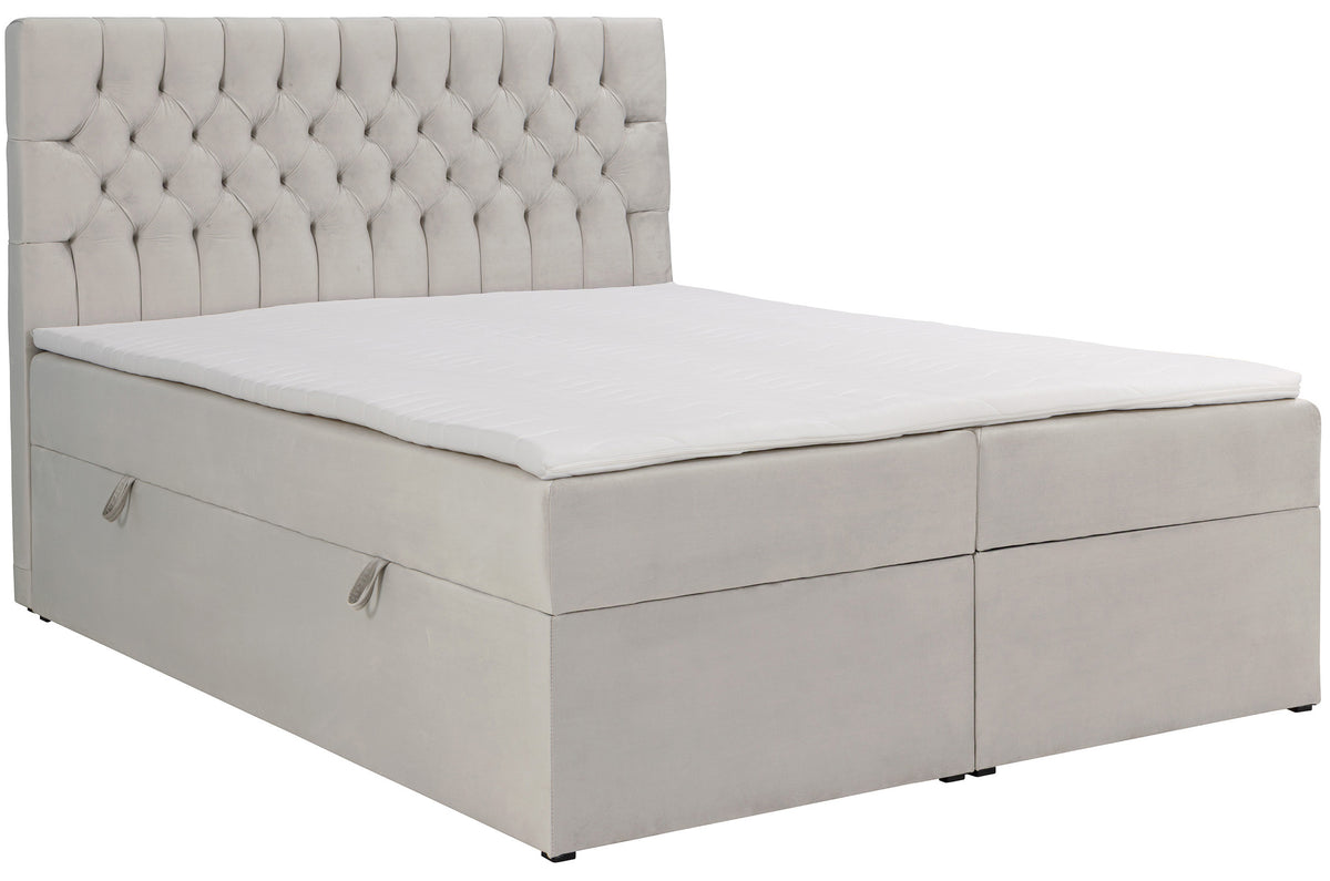 Kontinentales Bett 140x200 cm Daissy mit Stauraum und Topper, hellbeiger Samt