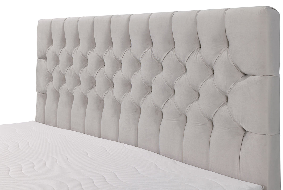 Kontinentales Bett 140x200 cm Daissy mit Stauraum und Topper, hellbeiger Samt