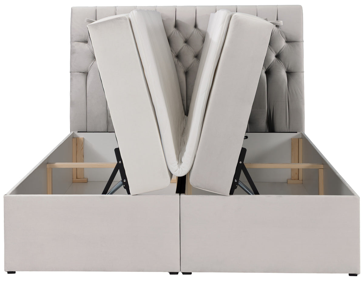 Kontinentales Bett 140x200 cm Daissy mit Stauraum und Topper, hellbeiger Samt