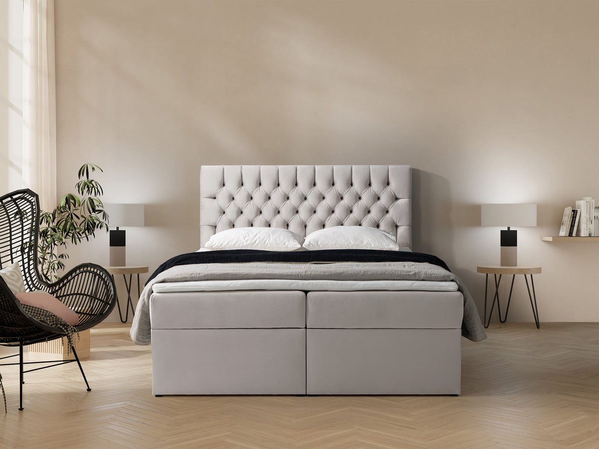 Kontinentales Bett 140x200 cm Daissy mit Stauraum und Topper, hellbeiger Samt