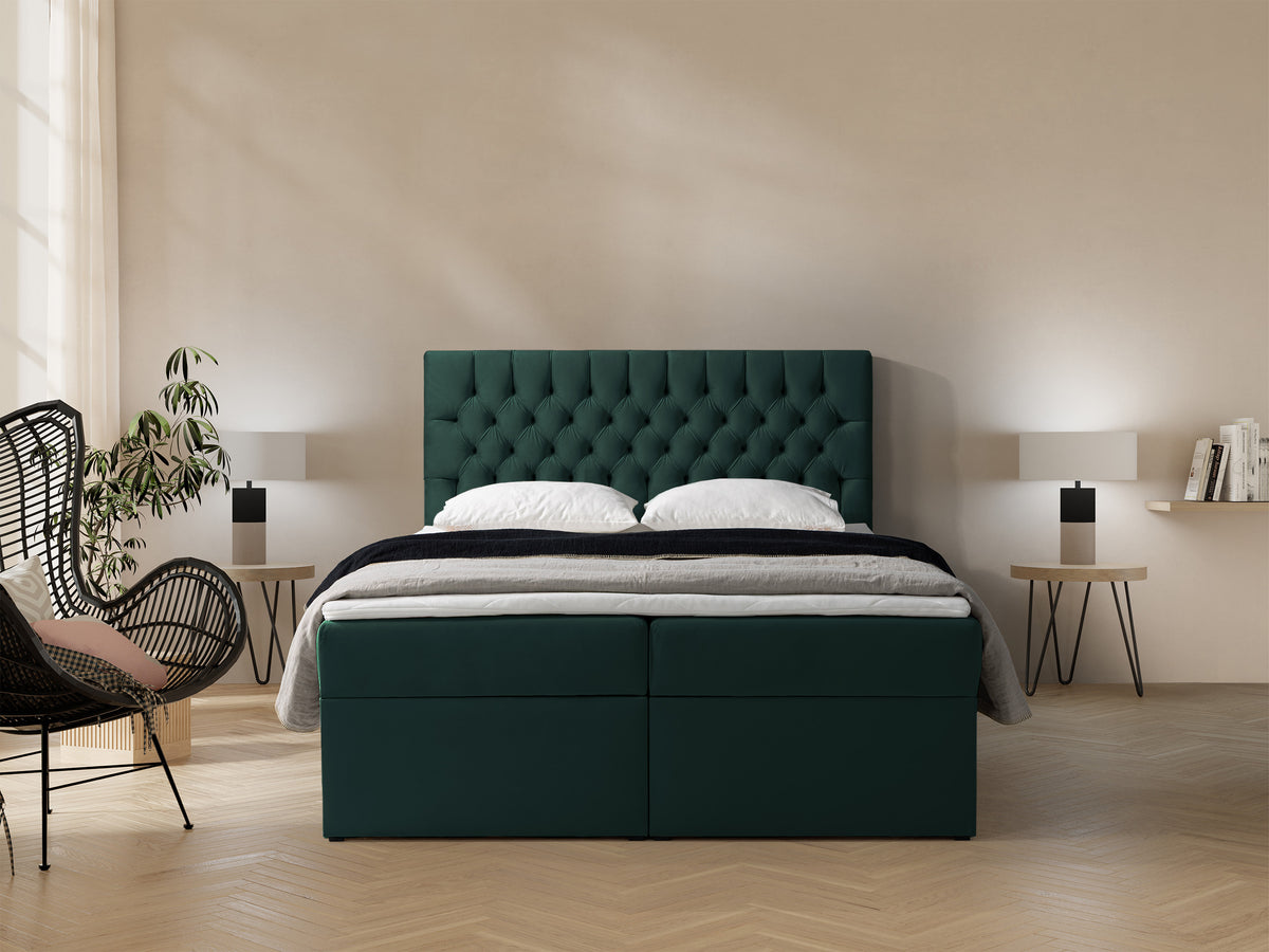 Lit continental 140x200 cm Daissy avec rangements et surmatelas velours vert bouteille