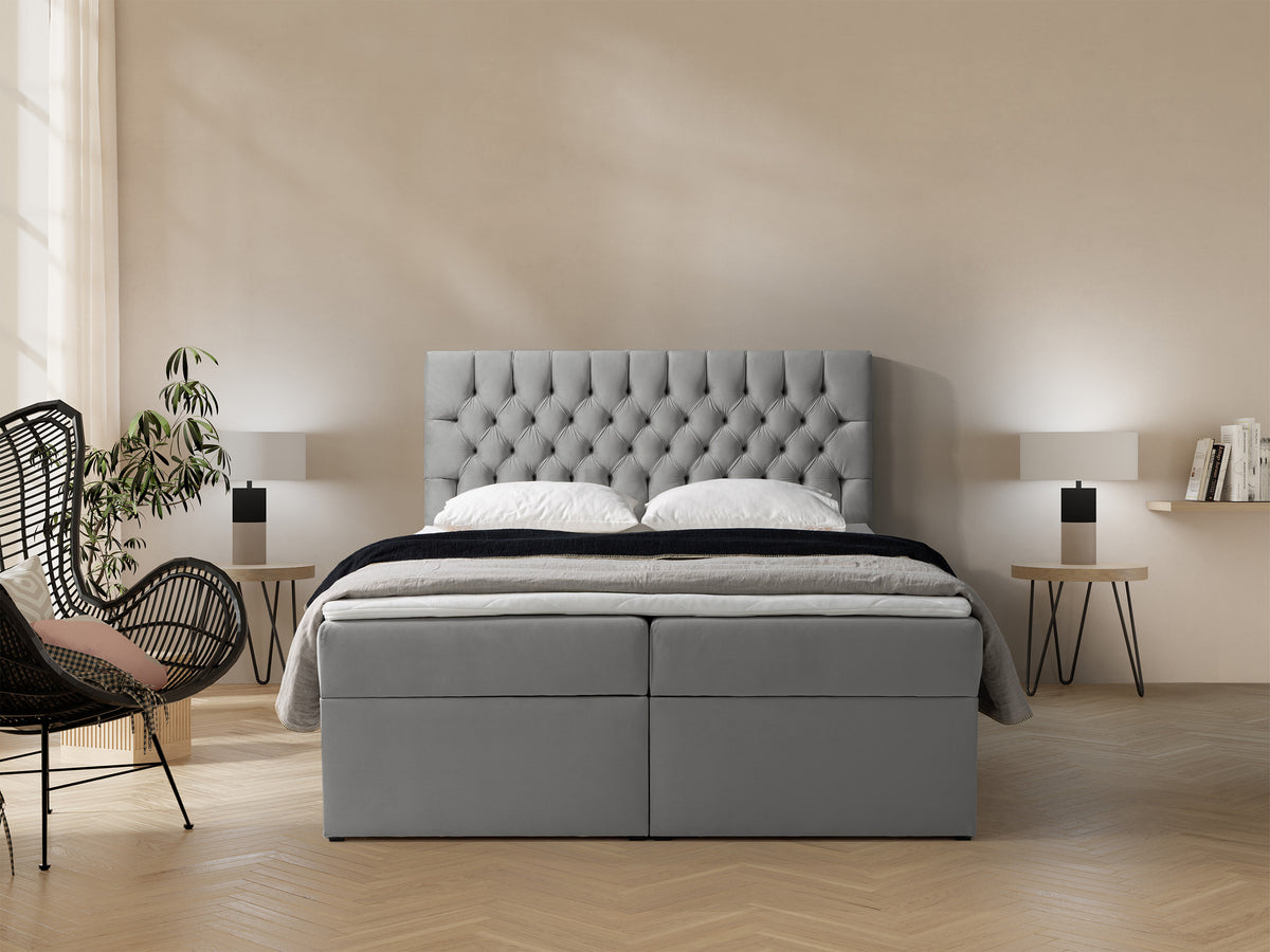 Lit continental 160x200 cm Daissy avec rangements et surmatelas en velours gris