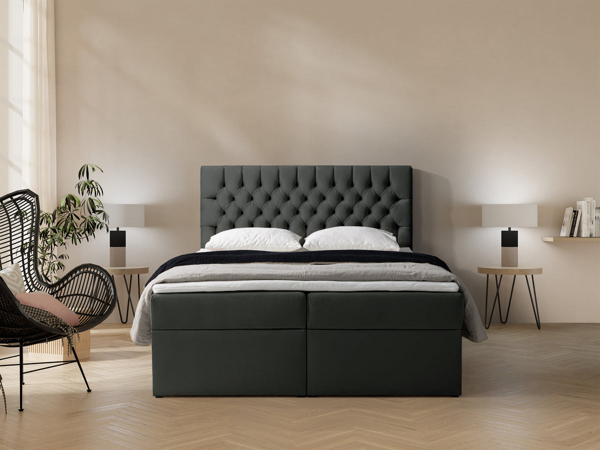 Lit continental 180x200 cm Daissy avec rangements et surmatelas en velours gris foncé