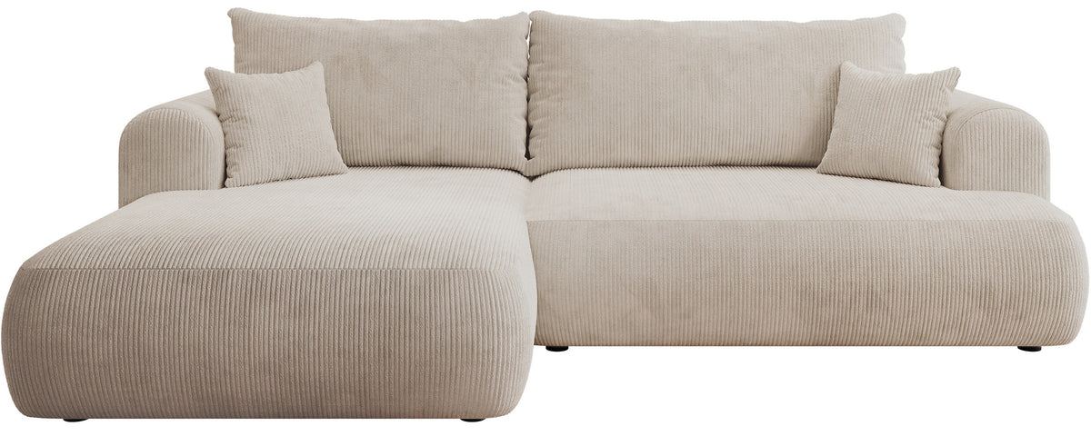 Canapé d'angle gauche Ovo Cord en velours côtelé beige clair avec fonction couchage et coffre de rangement