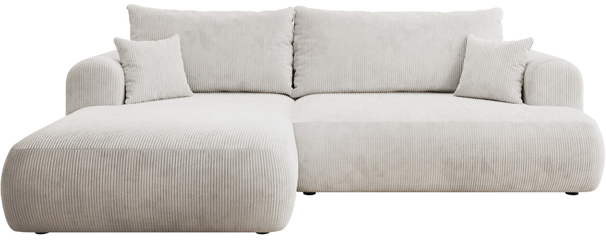 Canapé d'angle gauche Ovo Cord en velours côtelé blanc avec fonction couchage et rangement