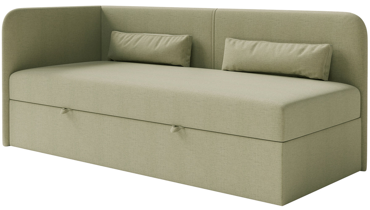 Lit jeune 90x200 cm Calmmo gauche avec rangement, chenille hydrofuge olive