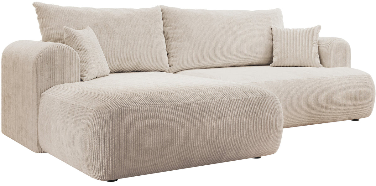 Canapé d'angle gauche Ovo Cord en velours côtelé beige clair avec fonction couchage et coffre de rangement