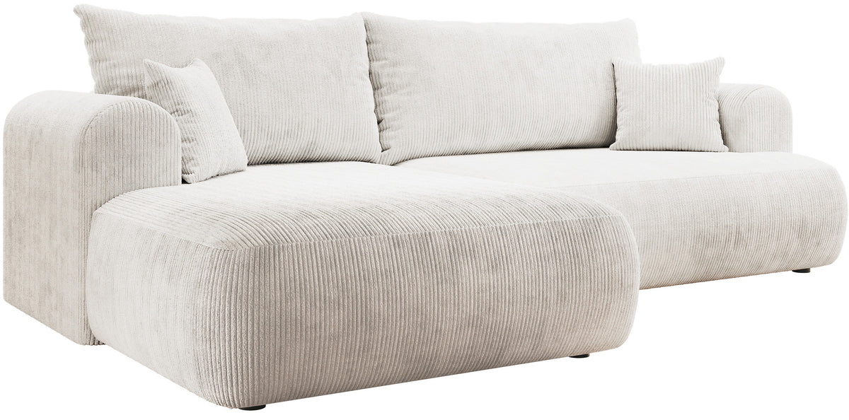 Canapé d'angle gauche Ovo Cord en velours côtelé blanc avec fonction couchage et rangement