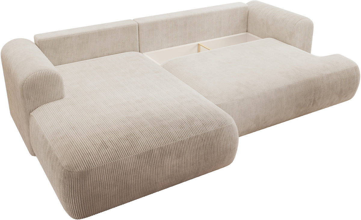 Canapé d'angle gauche Ovo Cord en velours côtelé beige clair avec fonction couchage et coffre de rangement