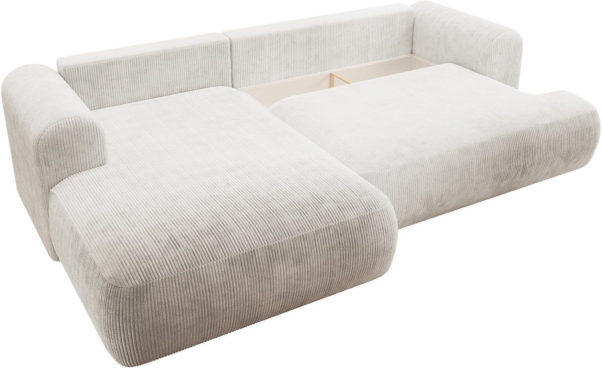 Canapé d'angle gauche Ovo Cord en velours côtelé blanc avec fonction couchage et rangement