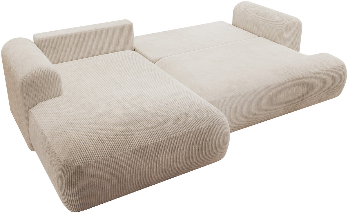 Canapé d'angle gauche Ovo Cord en velours côtelé beige clair avec fonction couchage et coffre de rangement