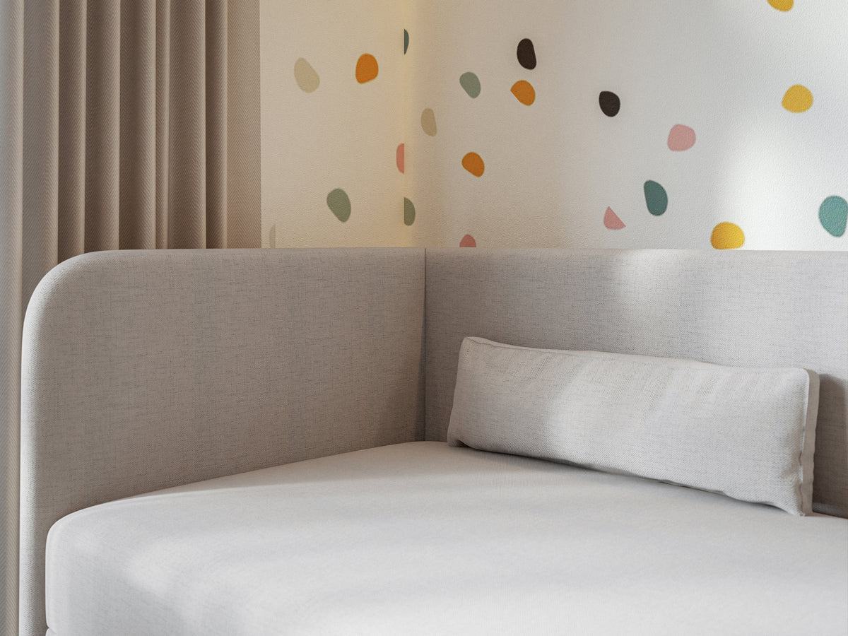 Lit jeune 90x200 cm Calmmo gauche avec rangement, chenille hydrofuge gris clair