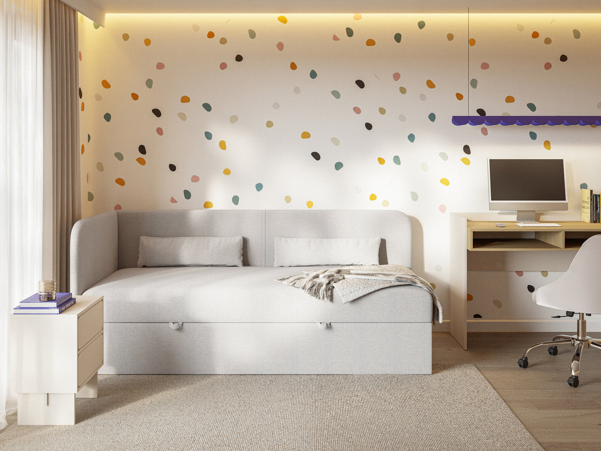 Lit jeune 90x200 cm Calmmo gauche avec rangement, chenille hydrofuge gris clair