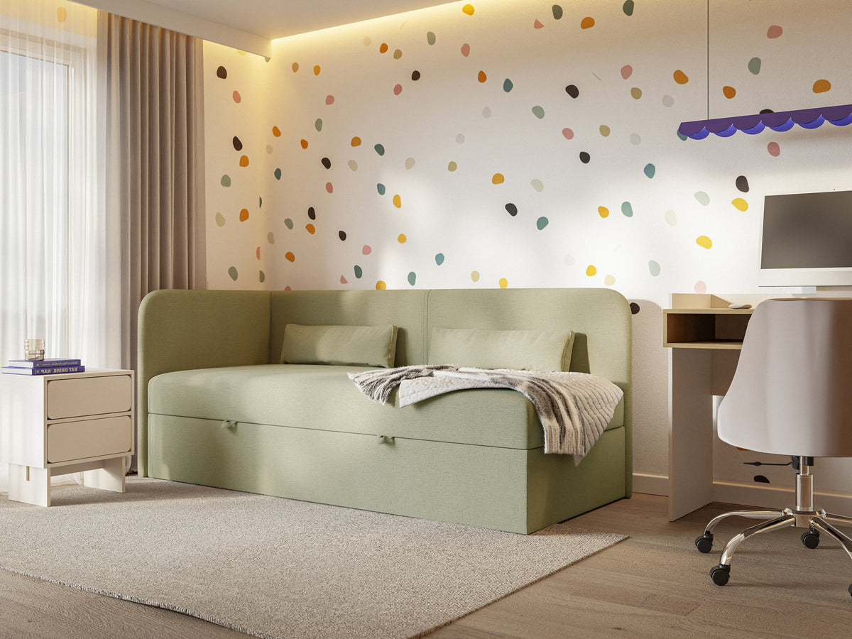 Lit jeune 90x200 cm Calmmo gauche avec rangement, chenille hydrofuge olive