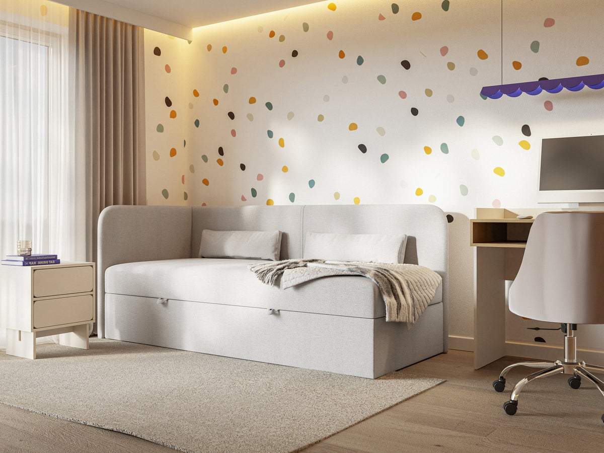 Lit jeune 90x200 cm Calmmo gauche avec rangement, chenille hydrofuge gris clair