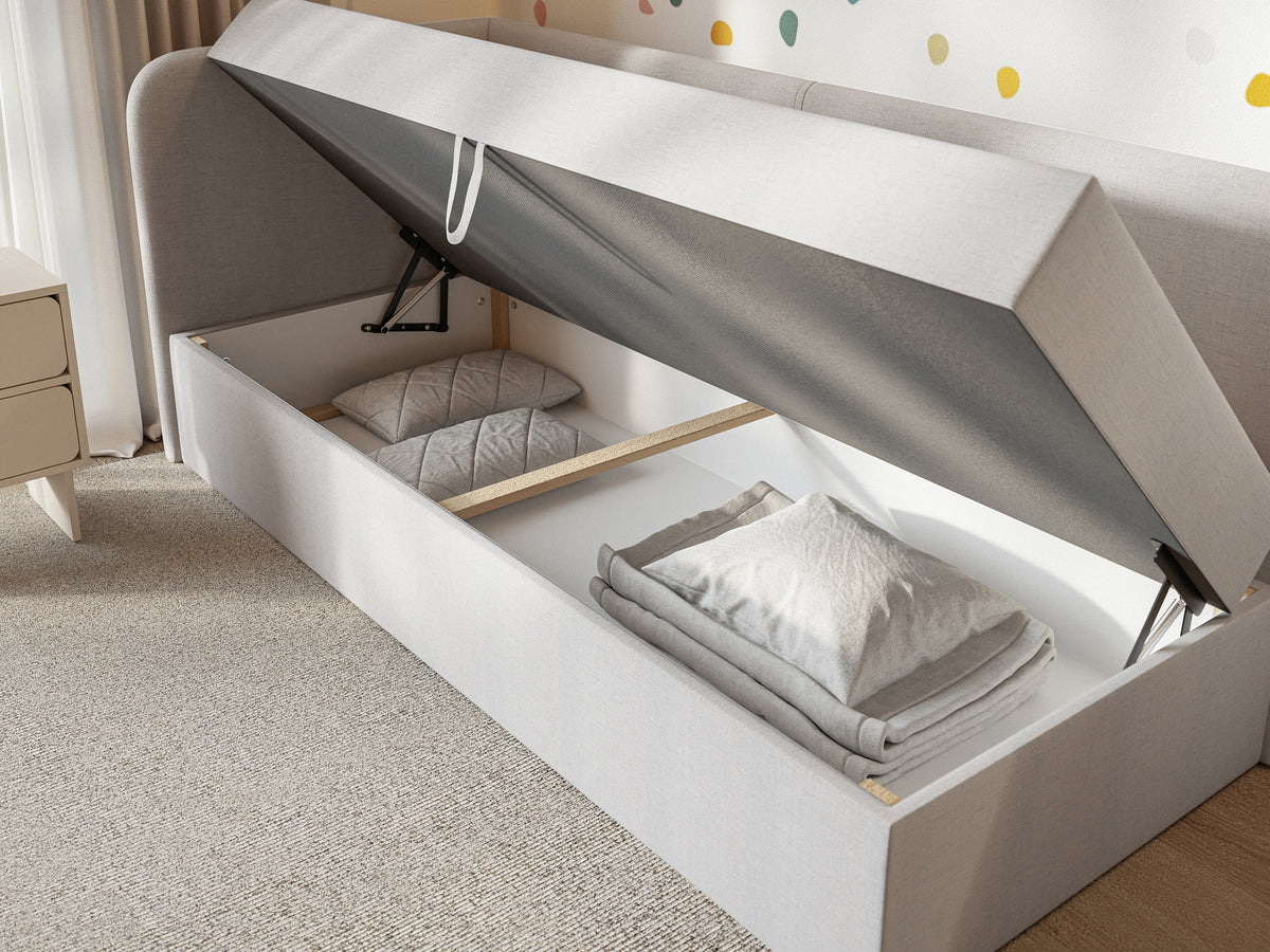 Lit jeune 90x200 cm Calmmo gauche avec rangement, chenille hydrofuge gris clair