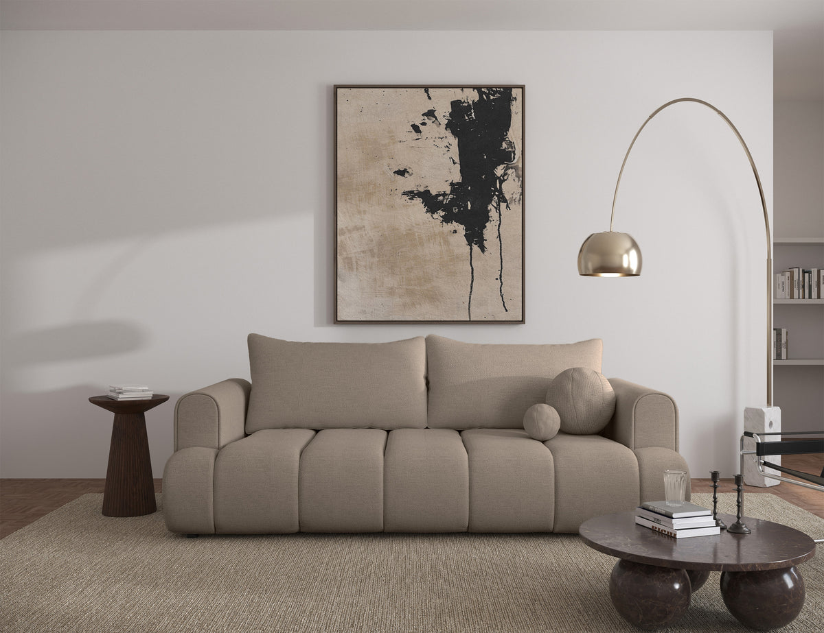 Canapé 3 places Dandelino avec fonction couchage, tissu chenille hydrofuge beige