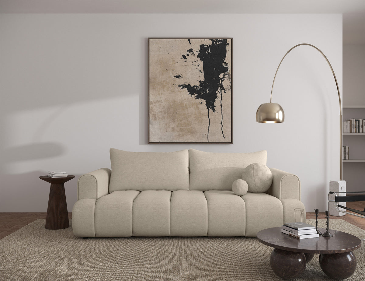 Canapé 3 places Dandelino avec fonction couchage, tissu chenille hydrofuge beige clair