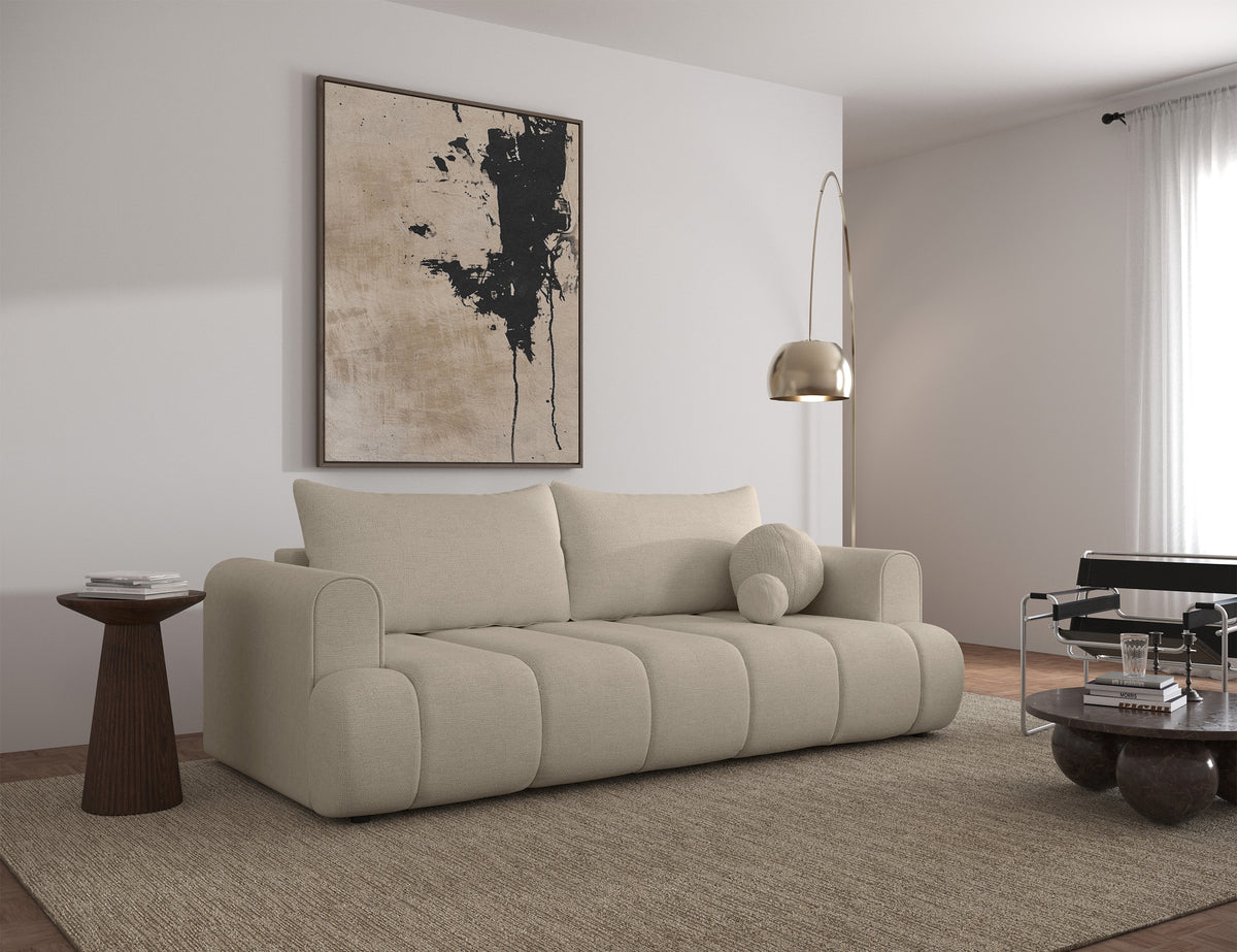 Canapé 3 places Dandelino avec fonction couchage, tissu chenille hydrofuge beige clair