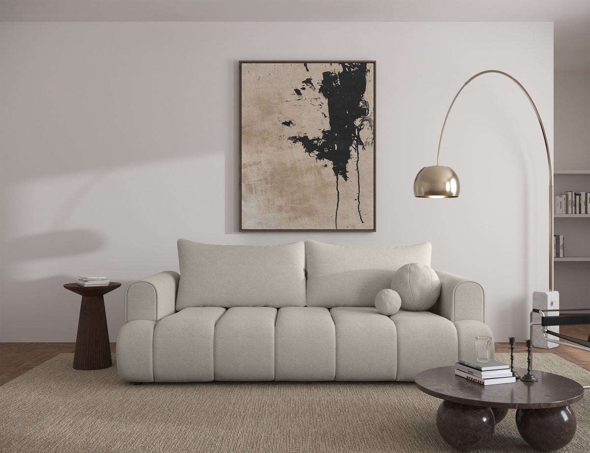 Canapé 3 places Dandelino avec fonction couchage, tissu chenille hydrofuge gris-beige