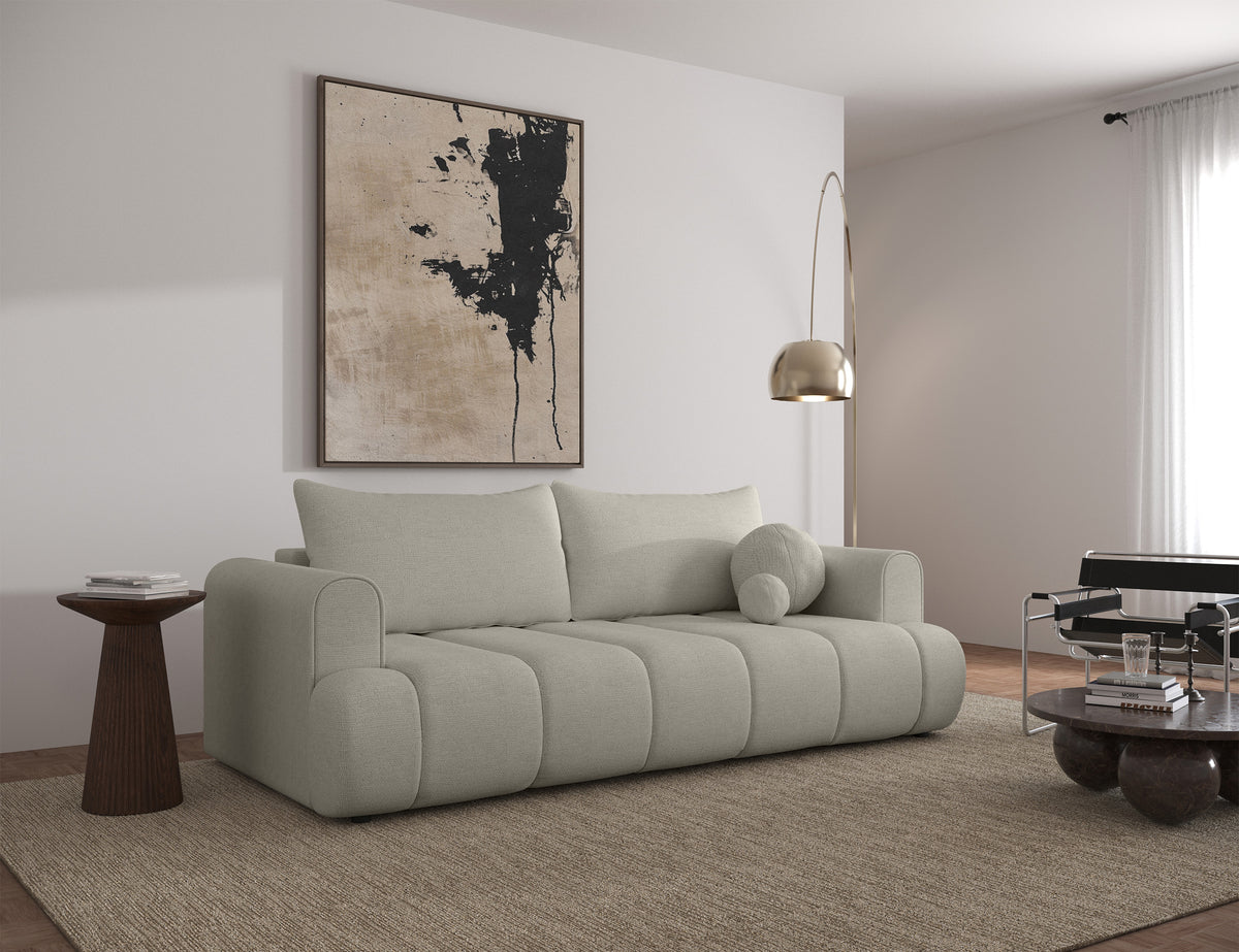 Canapé 3 places Dandelino avec fonction couchage, tissu chenille hydrofuge gris-beige