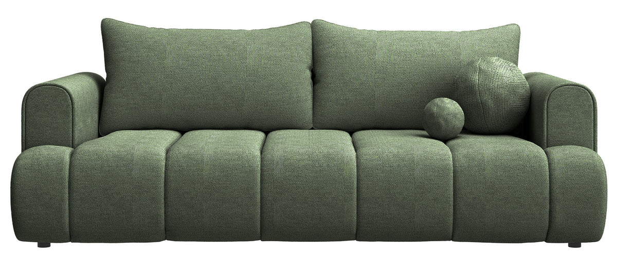 Canapé 3 places Dandelino avec fonction couchage, velours hydrofuge vert