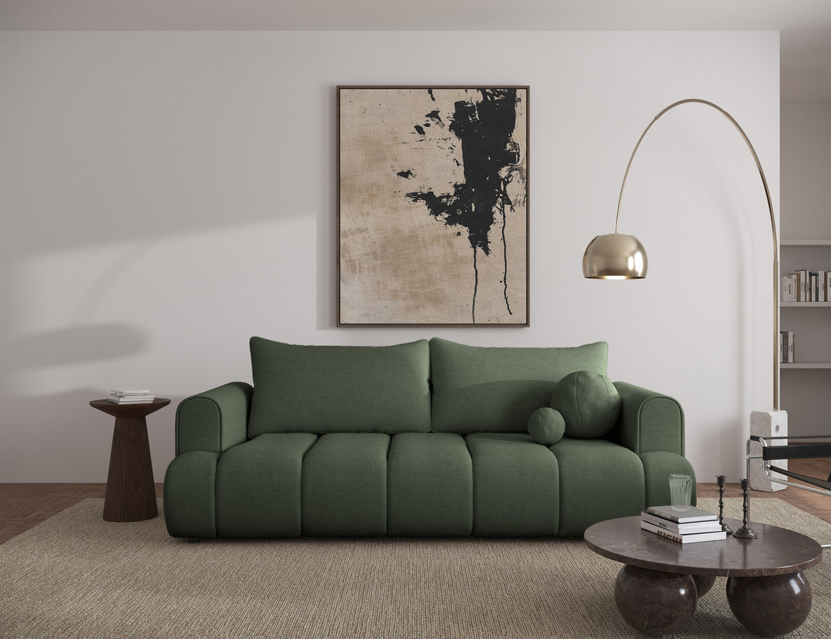 Canapé 3 places Dandelino avec fonction couchage, velours hydrofuge vert