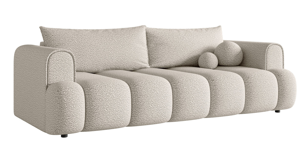 Dreisitziges Sofa Dandelino mit Schlafunktion, cremefarbenes Bouclé