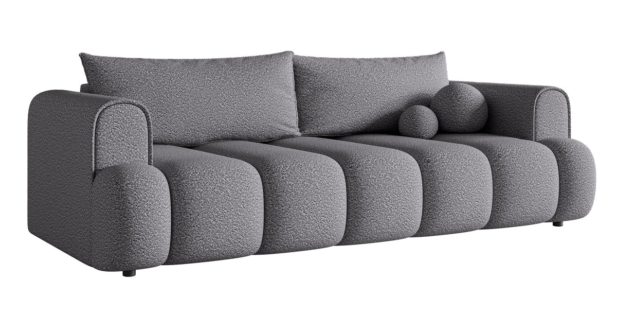 Dreisitziges Sofa Dandelino mit Schlafunktion, grauer Bouclé-Stoff