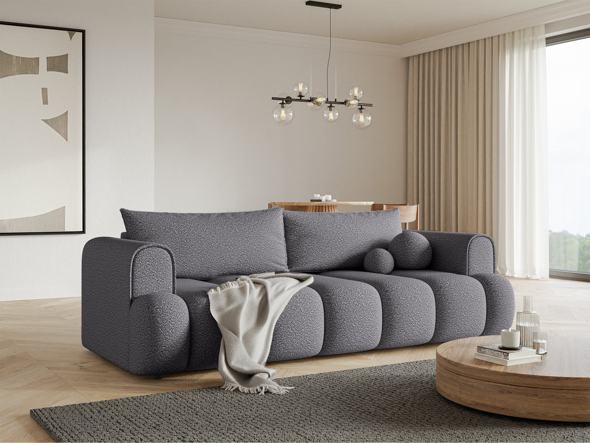 Dreisitziges Sofa Dandelino mit Schlafunktion, grauer Bouclé-Stoff