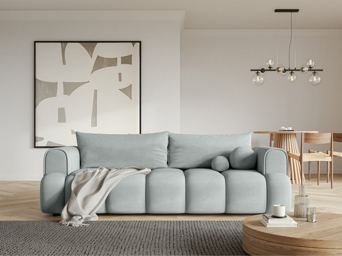 Canapé 3 places Dandelino avec fonction couchage en velours hydrofuge gris clair