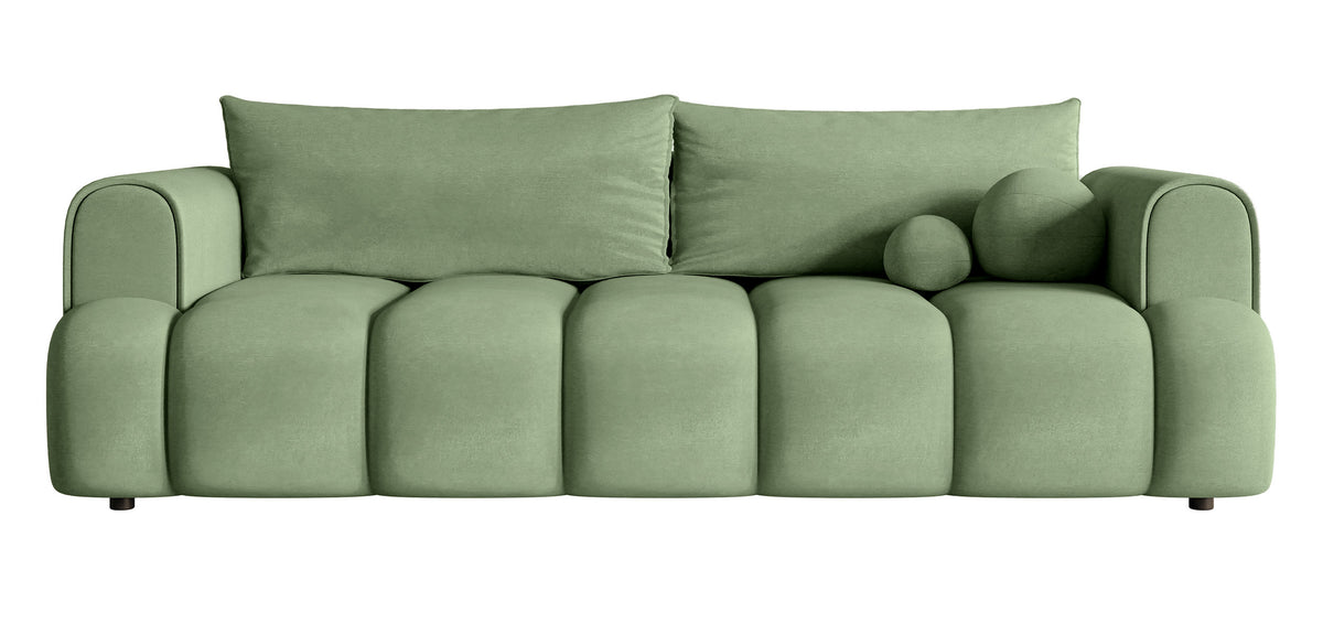Canapé 3 places Dandelino avec fonction couchage, velours hydrofuge eucalyptus